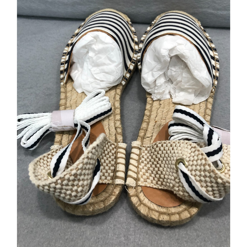 J. Crew Womens Sz 8.5 Striped Espadrille Flats w/Ankle Ties Boho Summer Sandals - Picture 7 of 9